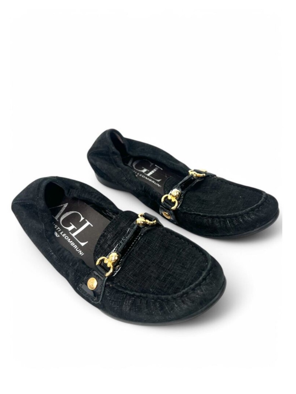 AGL Black Suede Driving Loafer Ballet Flats Nubuck Gold Horse Bit Accent US 7